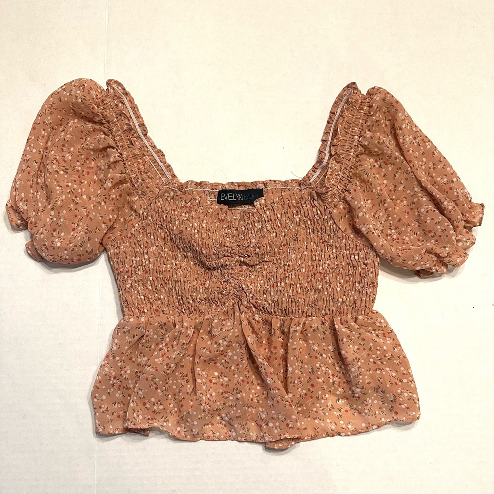 Pink Ruffled Peplum Crop Top with Puffy Sleeves